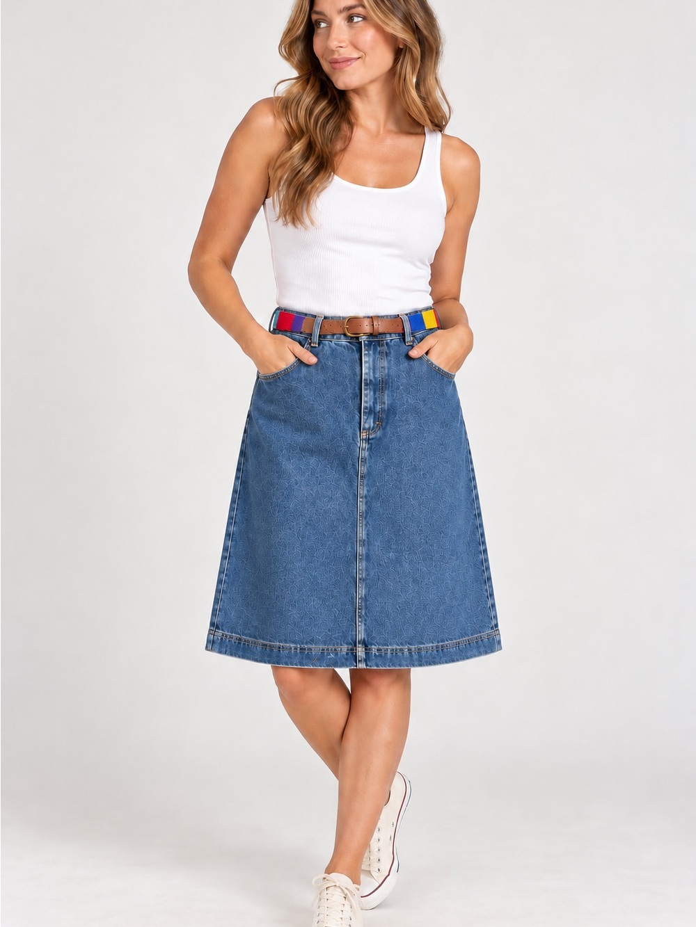 VTG Denim A-Line Mom Skirt Blue Jean High Waist 90s Y2K Womens 14 with Belt